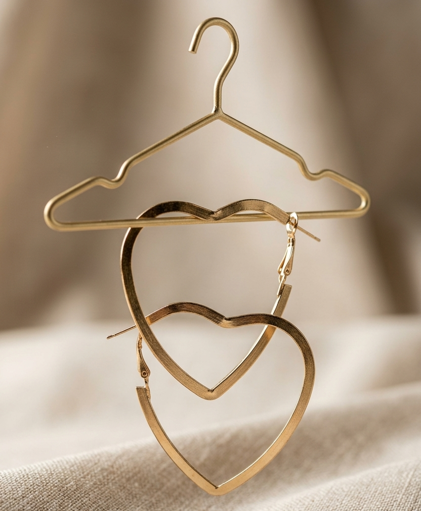 Gold heart-shaped earrings on a gold hanger against a beige background