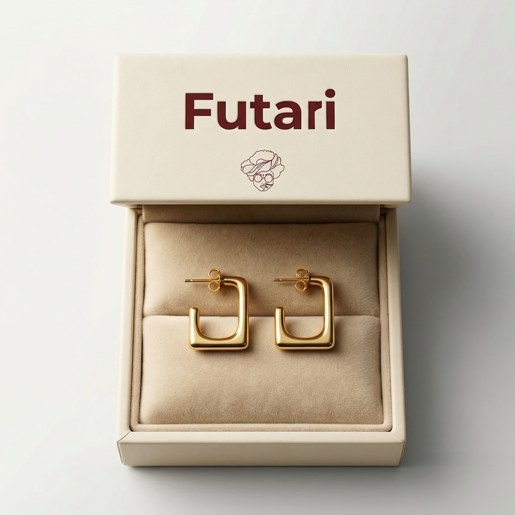 Gold hoop earrings in a 'Futari' branded box on a light gray background