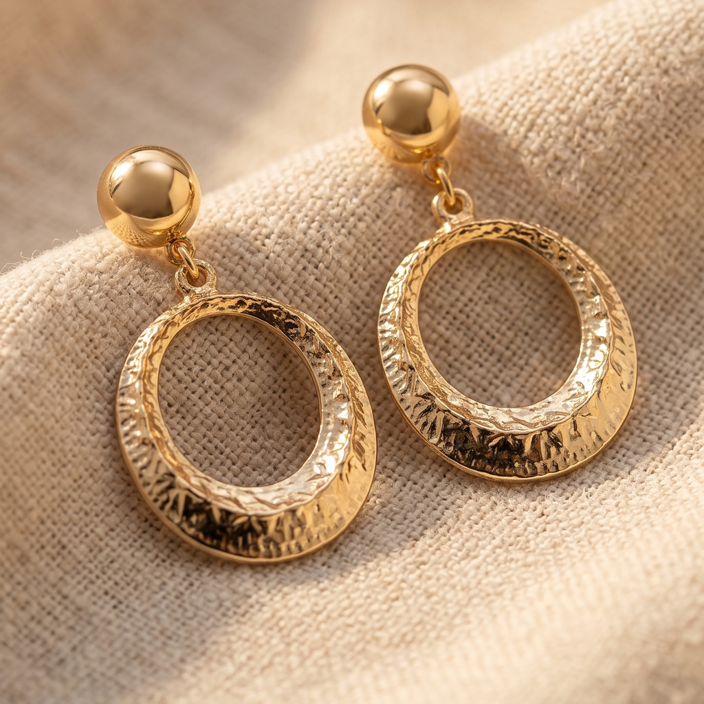 Gold hoop earrings on a beige fabric background