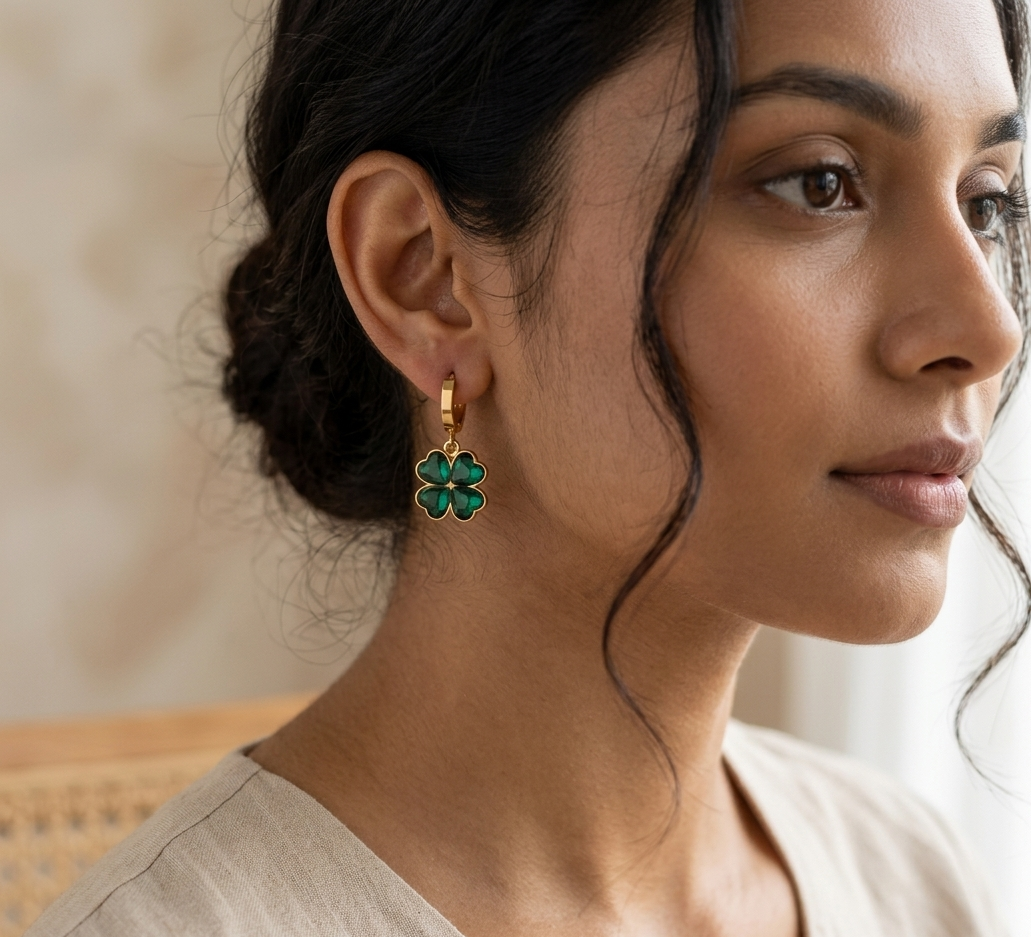 Woman wearing a pair of green floral earrings with a neutral background