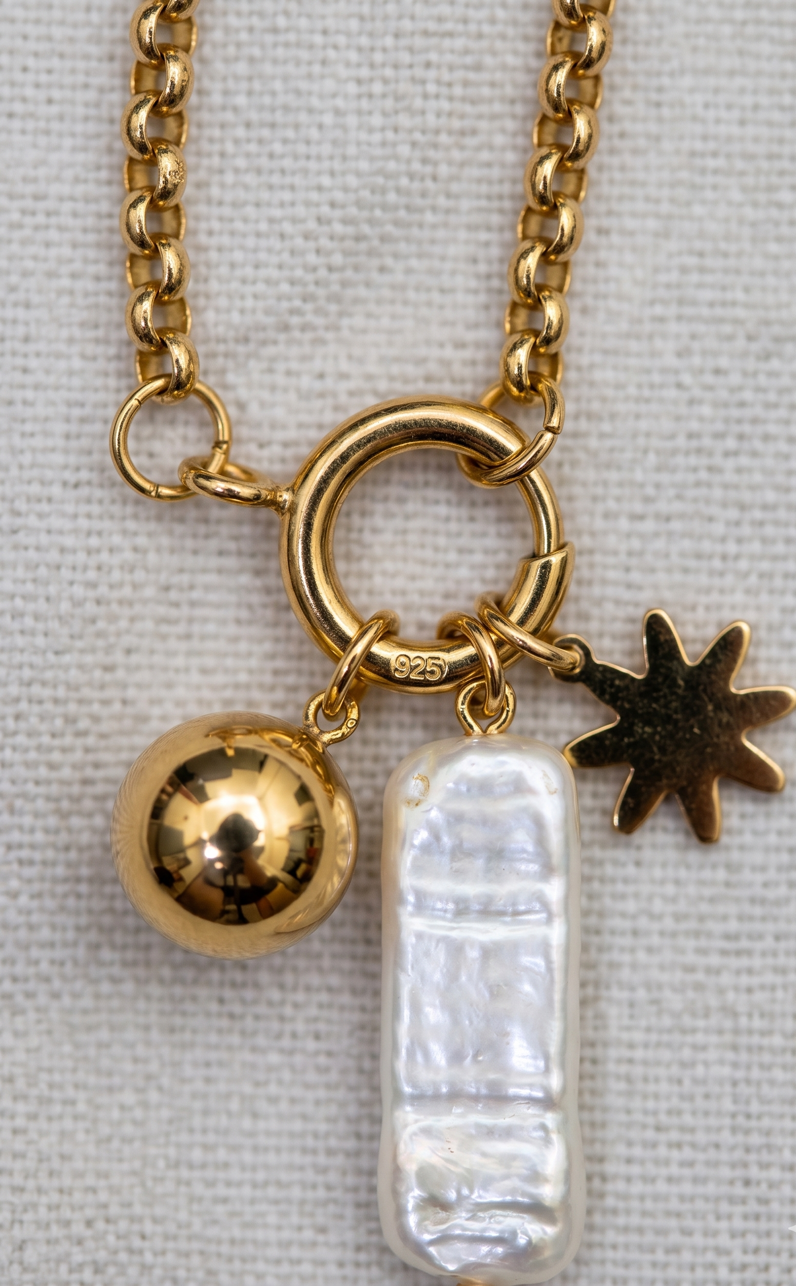 Celestial Anti-Tarnish Gold Necklace – Baroque Pearl, Star & Orb Charm Cluster