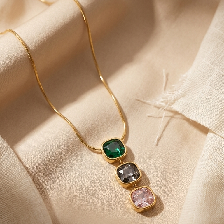 Gold-Tone Triple Crystal Pendant Necklace || Pink || Green || Multi color || Rakhi Gift for Sister