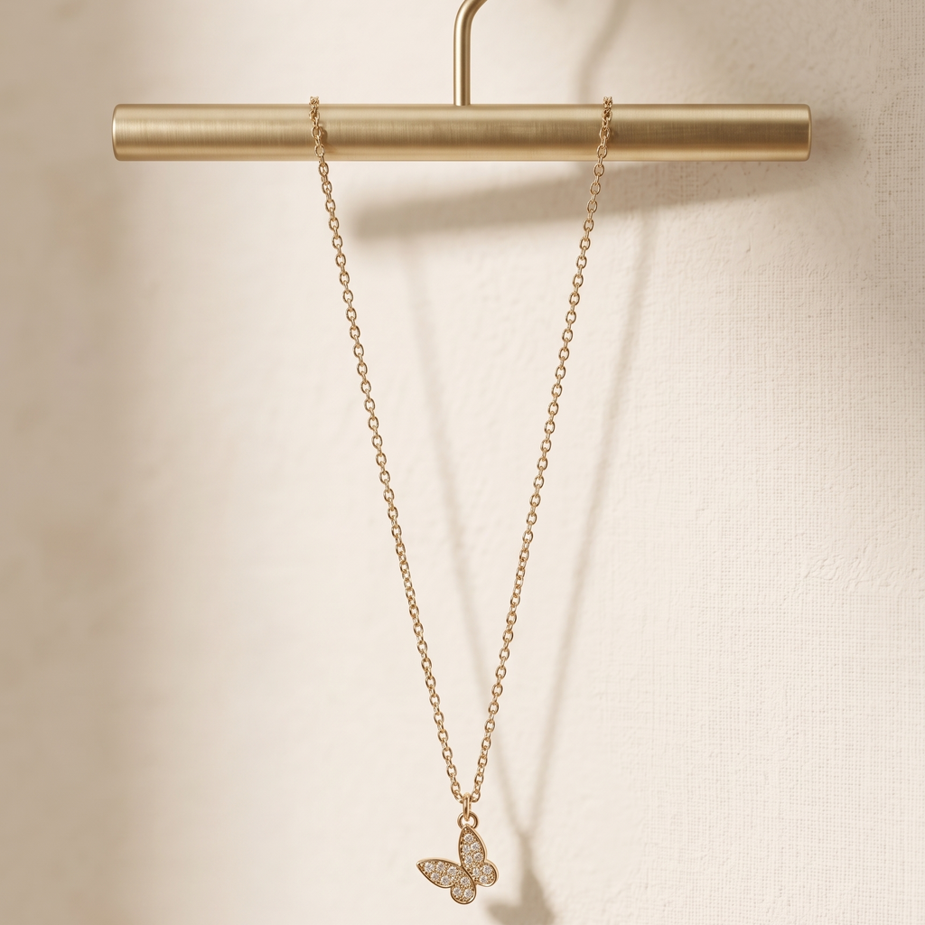 Dainty Pavé Butterfly Flutter Necklace – Gold Tone Fashion Jewelry