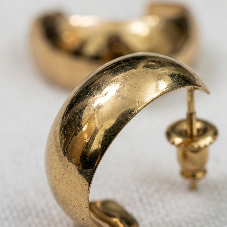 Gold hoop earring on a white background