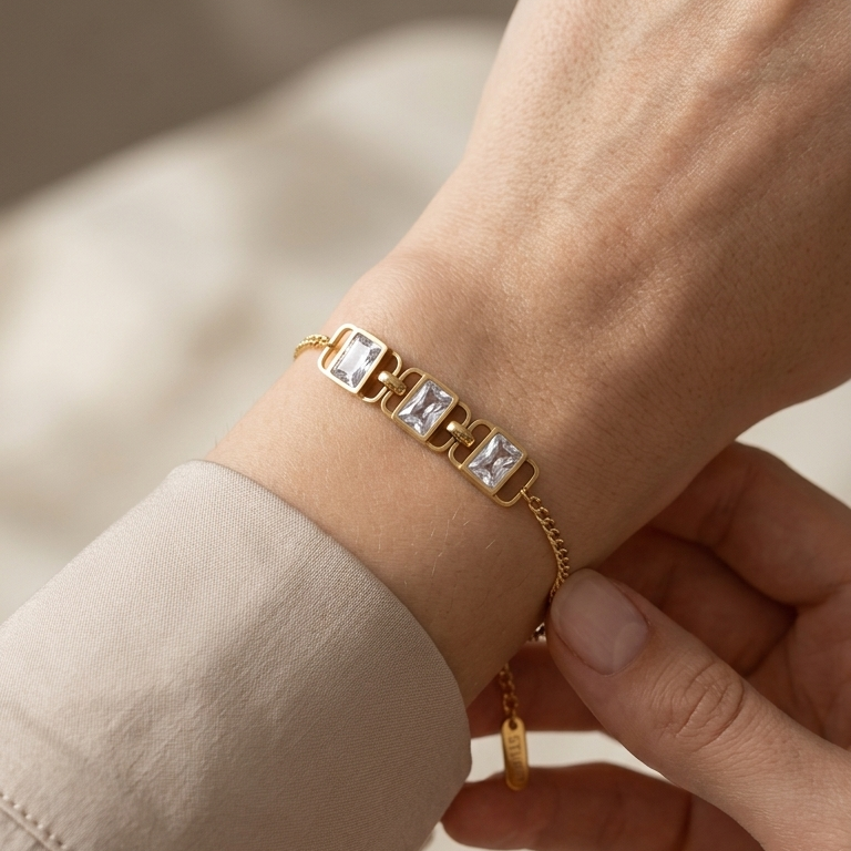 Luxe Geometric Crystal Chain Bracelet – Premium Gold-Plated Stainless Steel || Rakhi Gift for Sister