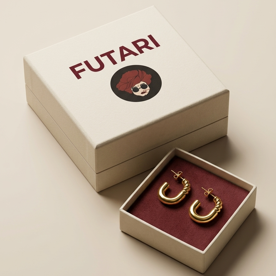 Gold hoop earrings in an open jewelry box with 'FUTARI' branding on a beige background