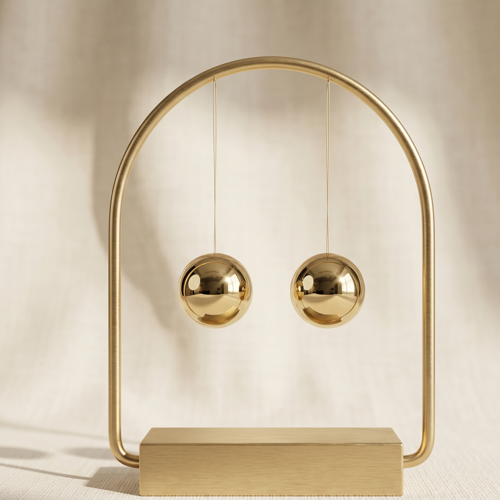 Gold balance ball sculpture on a beige background