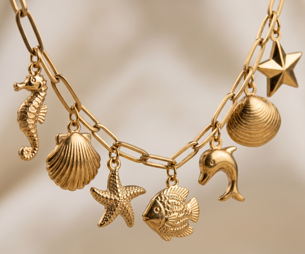 Gold charm bracelet with seahorse, shell, starfish, fish, dolphin, and star charms on a beige background.