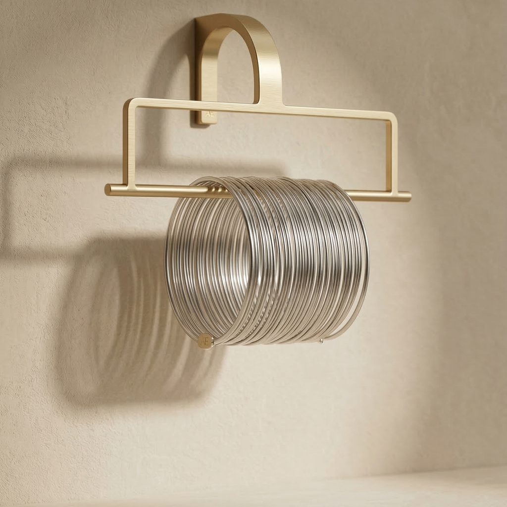 Gold wall-mounted jewelry holder with silver rings on a beige wall.