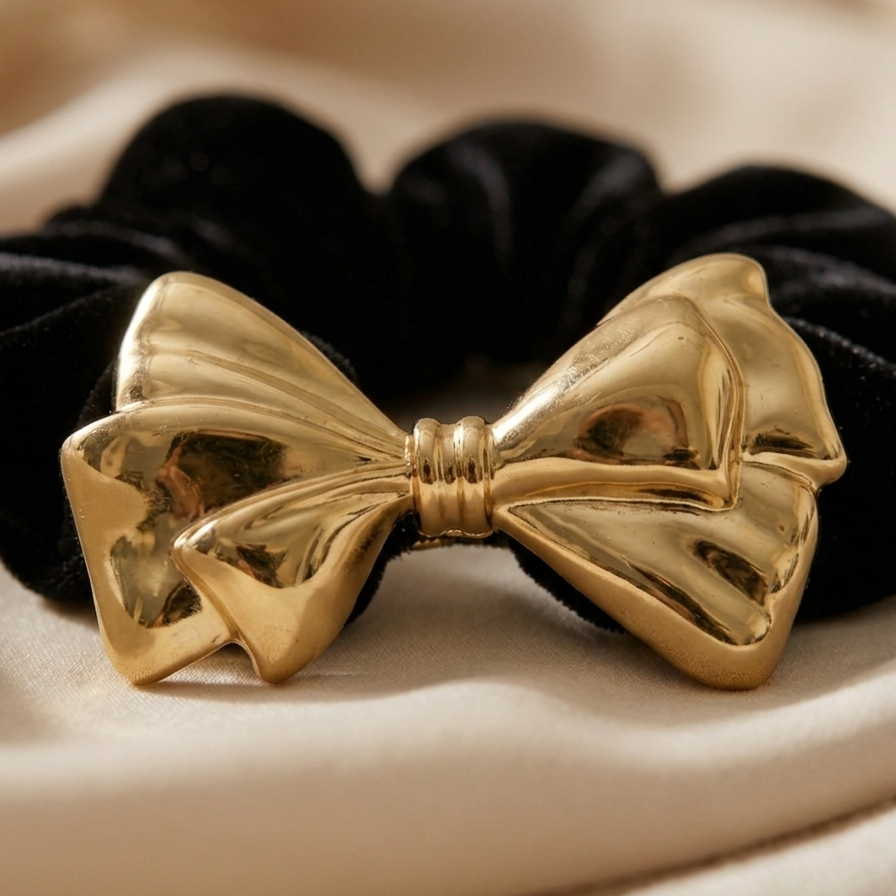 Black scrunchie with a gold bow on a beige background