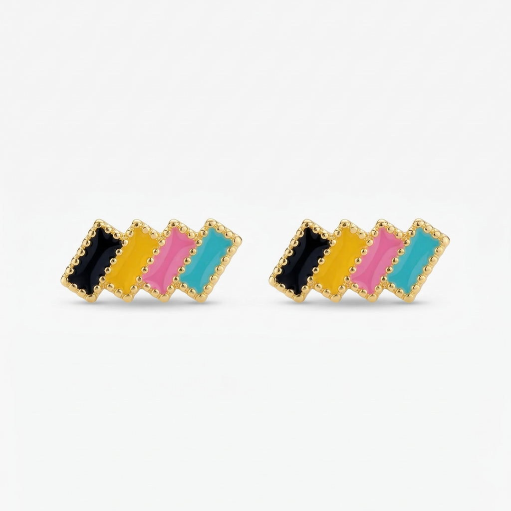 Pair of earrings with colorful rectangular stones on a white background