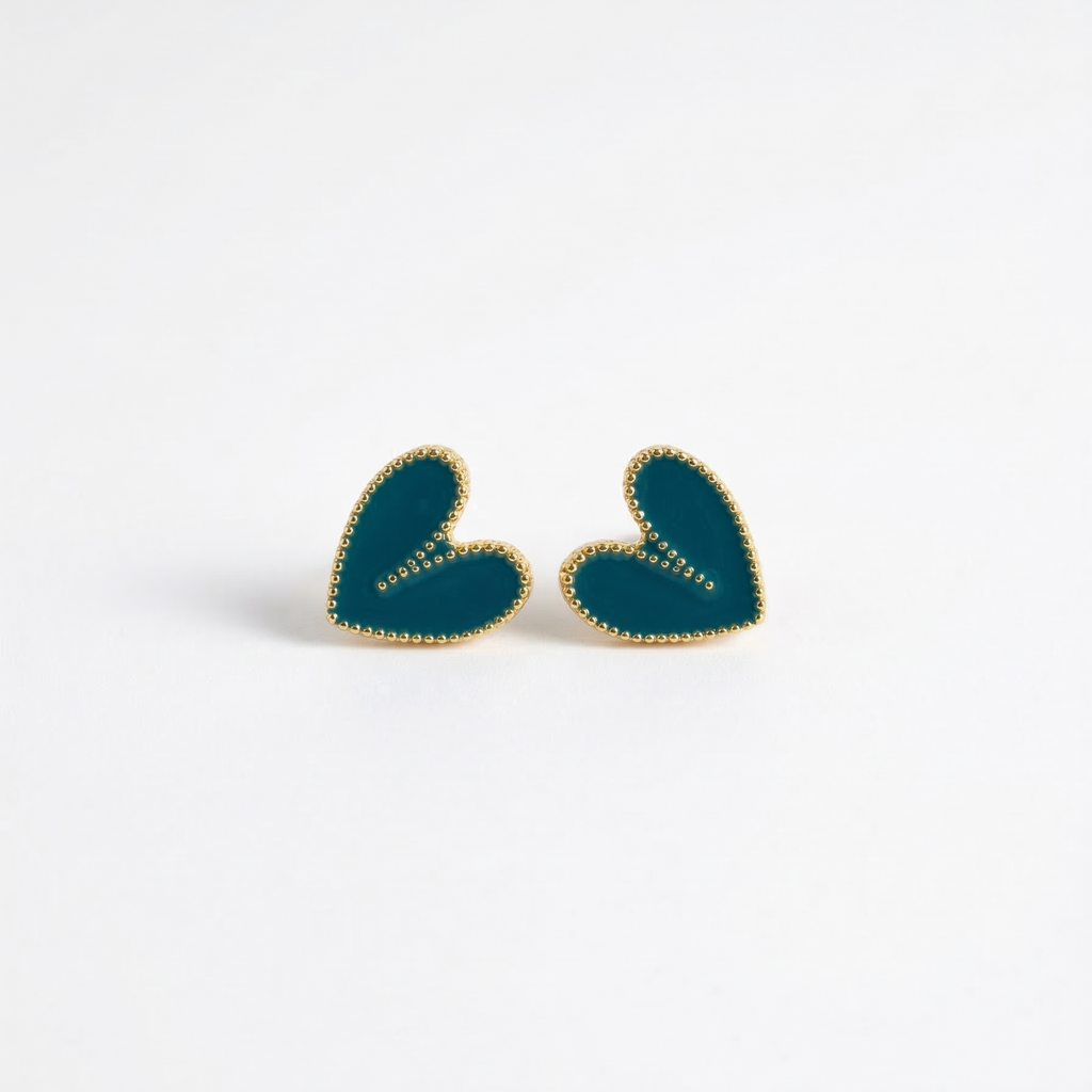 The Azure Heart Studs – Teal Enamel & Gold Beaded Statement Earrings