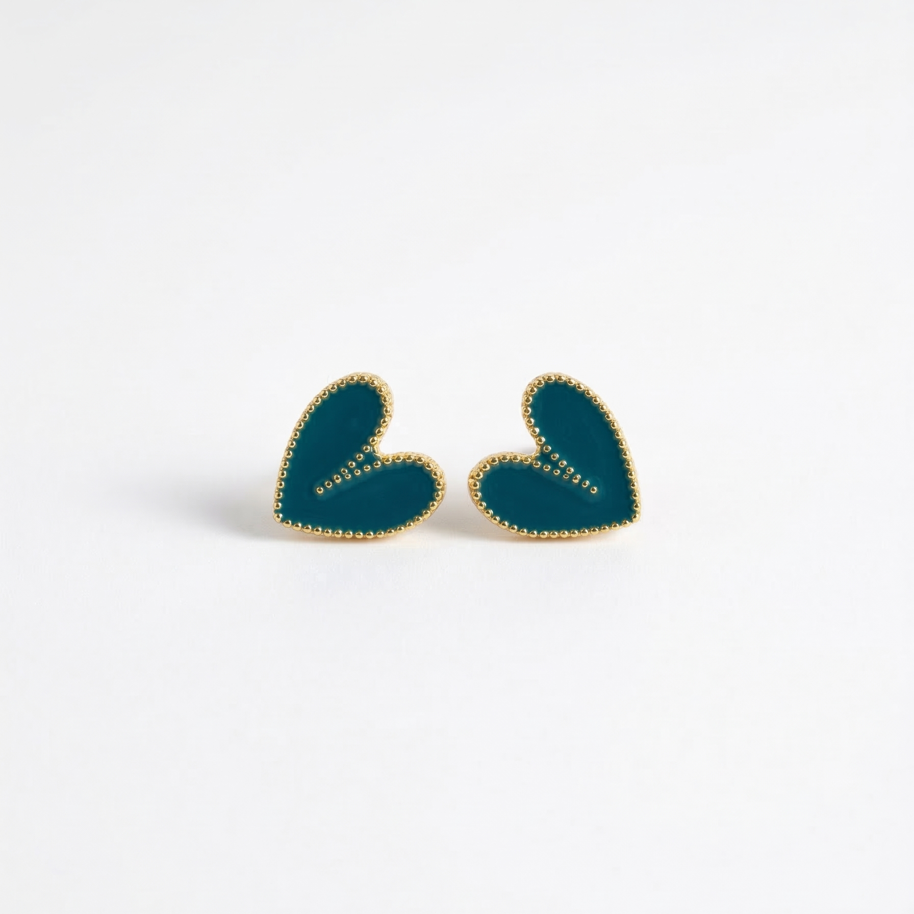 The Azure Heart Studs – Teal Enamel & Gold Beaded Statement Earrings