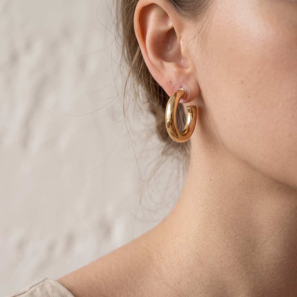 Close-up of a person wearing gold hoop earrings with a neutral background