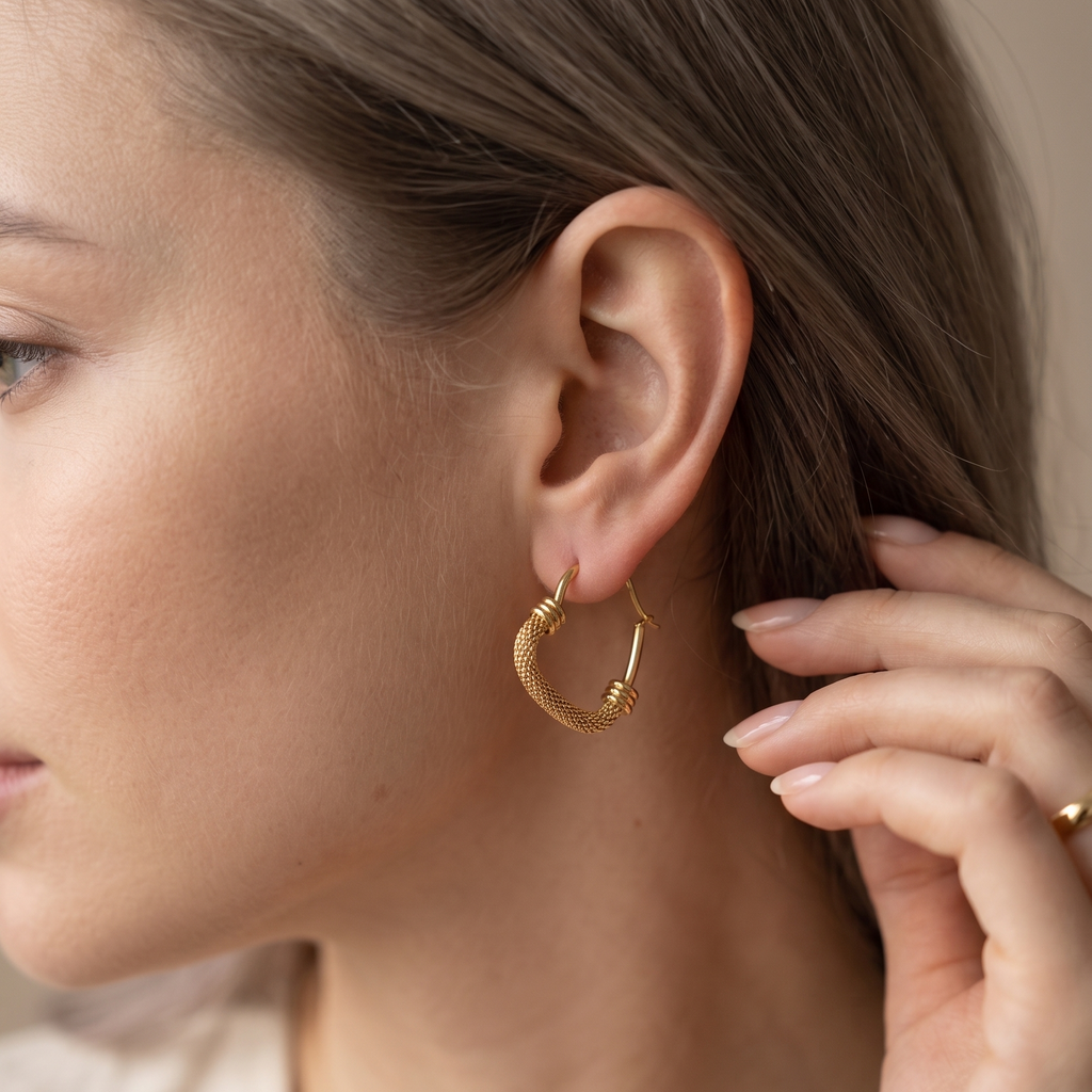 The Mesh Heart Hoops – Anti-Tarnish Gold Plated Woven Statement Earrings