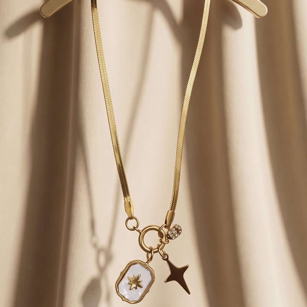 Celestial Star 18k Gold Plated Herringbone Necklace – Anti-Tarnish & Waterproof Snake Chain with Charms