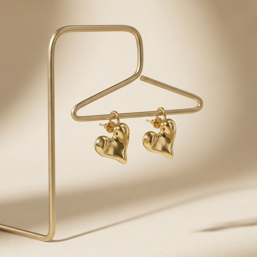 Gold heart-shaped earrings on a gold stand against a beige background