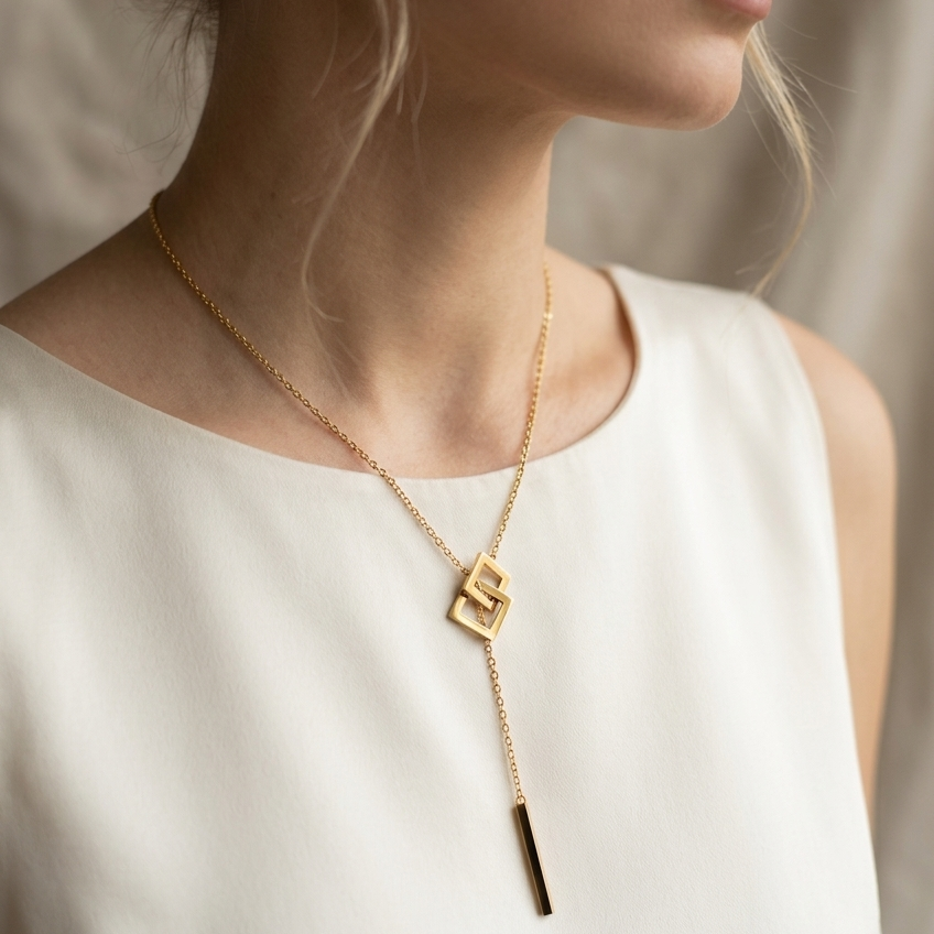 Woman wearing a gold necklace with a geometric pendant against a neutral background