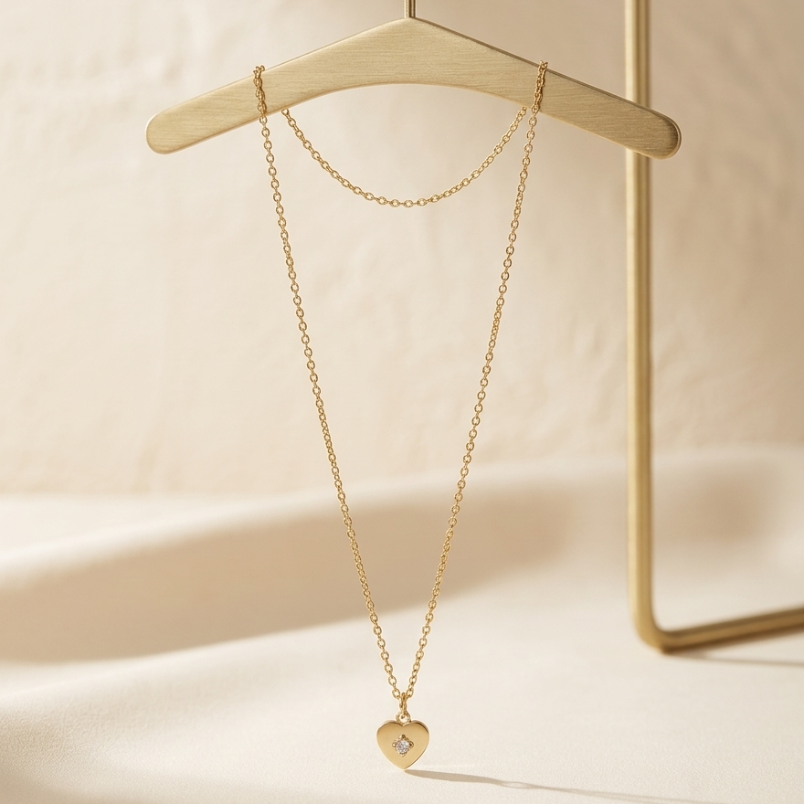 Gold necklace with a heart pendant on a beige background