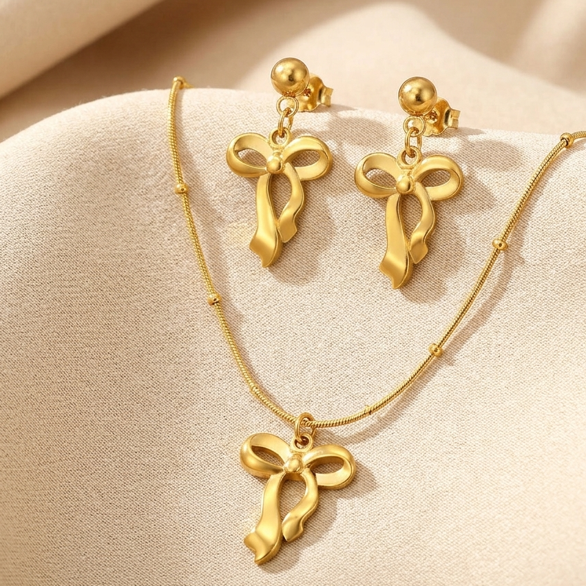 Gold-Plated Stainless Steel Anti Tarnish Infinity Bow Jewellery Set || Rakhi Gift for Sister