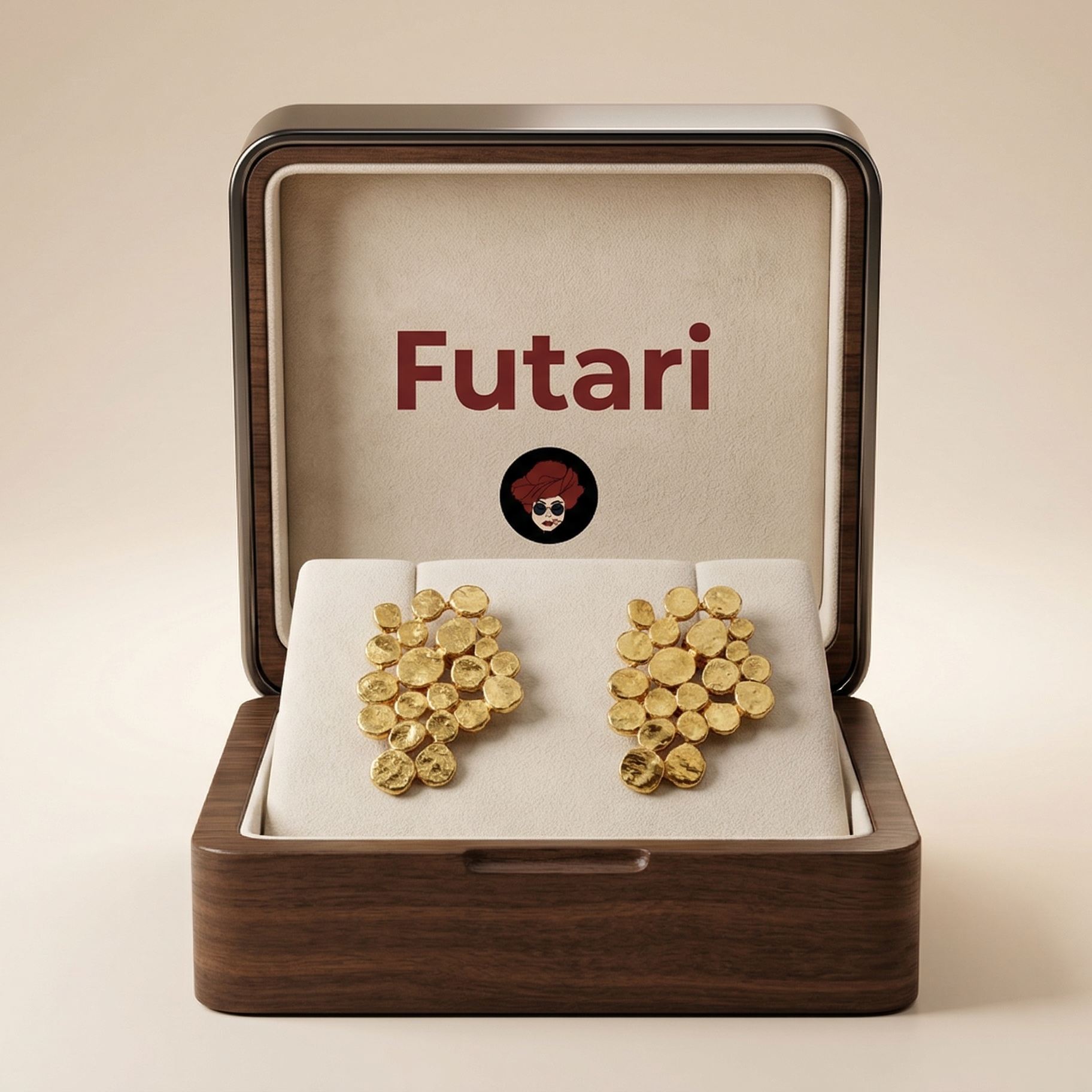 Gold earrings in a 'Futari' branded box on a beige background