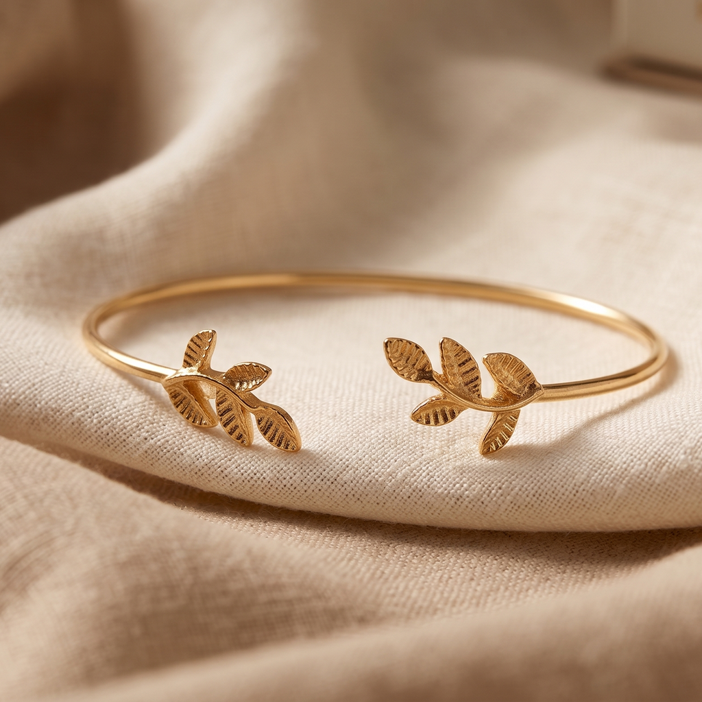 Golden Olive Branch Cuff Bracelet – Nature-Inspired Minimalist Bangle