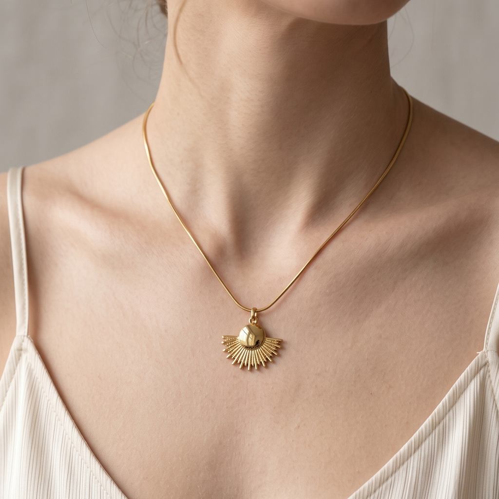 Golden Sunburst Anti-Tarnish Necklace – Modern Art Deco Pendant