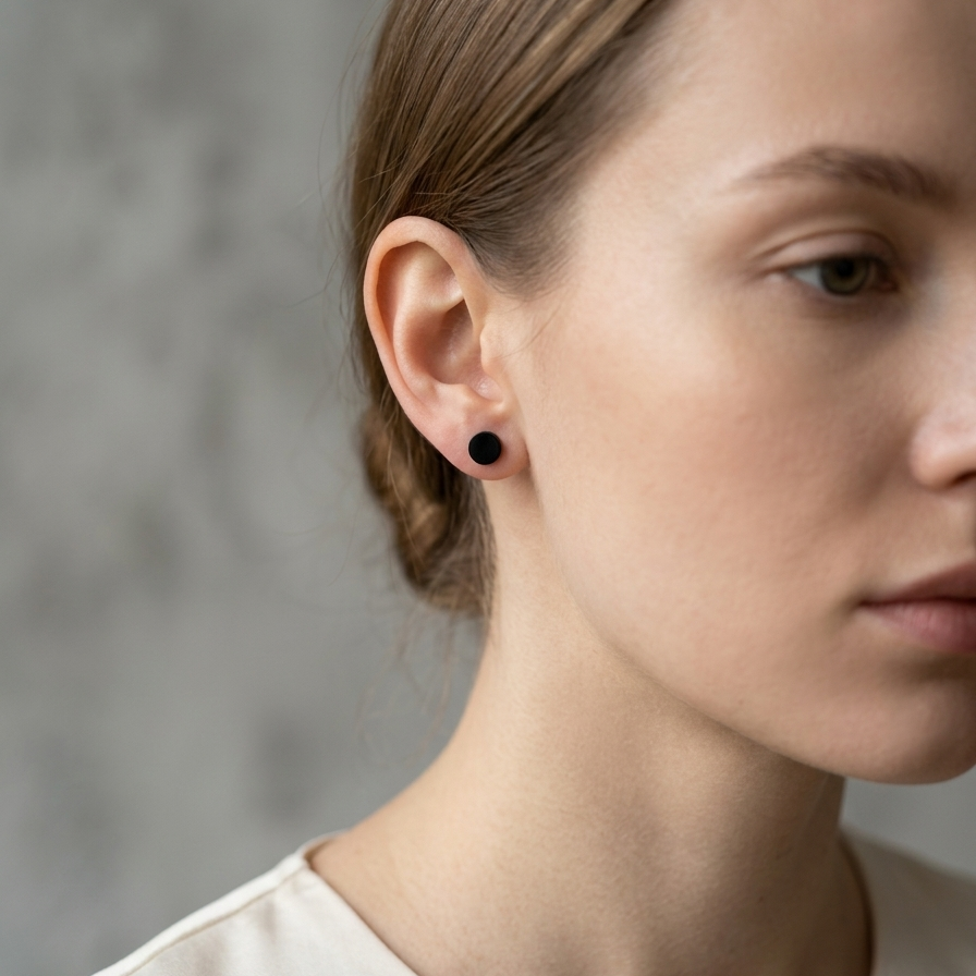 Close-up of a person wearing black earrings against a neutral background