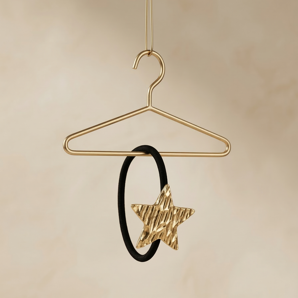 Gold star-shaped hair clip on a black hair tie hanging from a gold hanger against a beige background