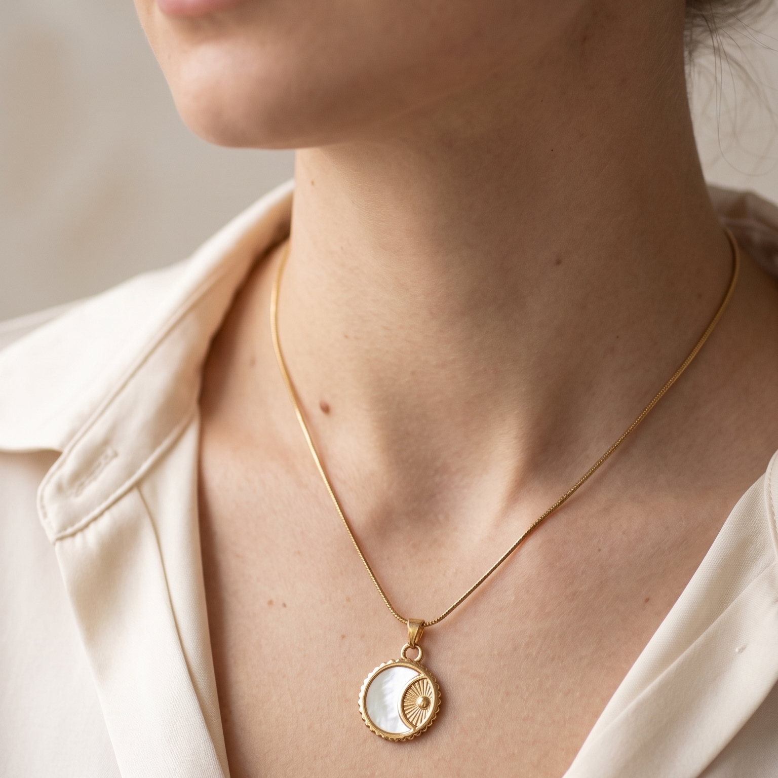 Woman wearing a gold necklace with a moon and star pendant against a neutral background