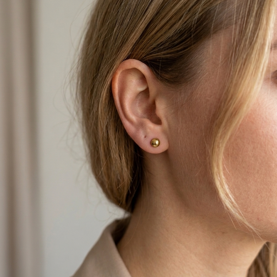 Close-up of a person wearing gold earrings with a neutral background