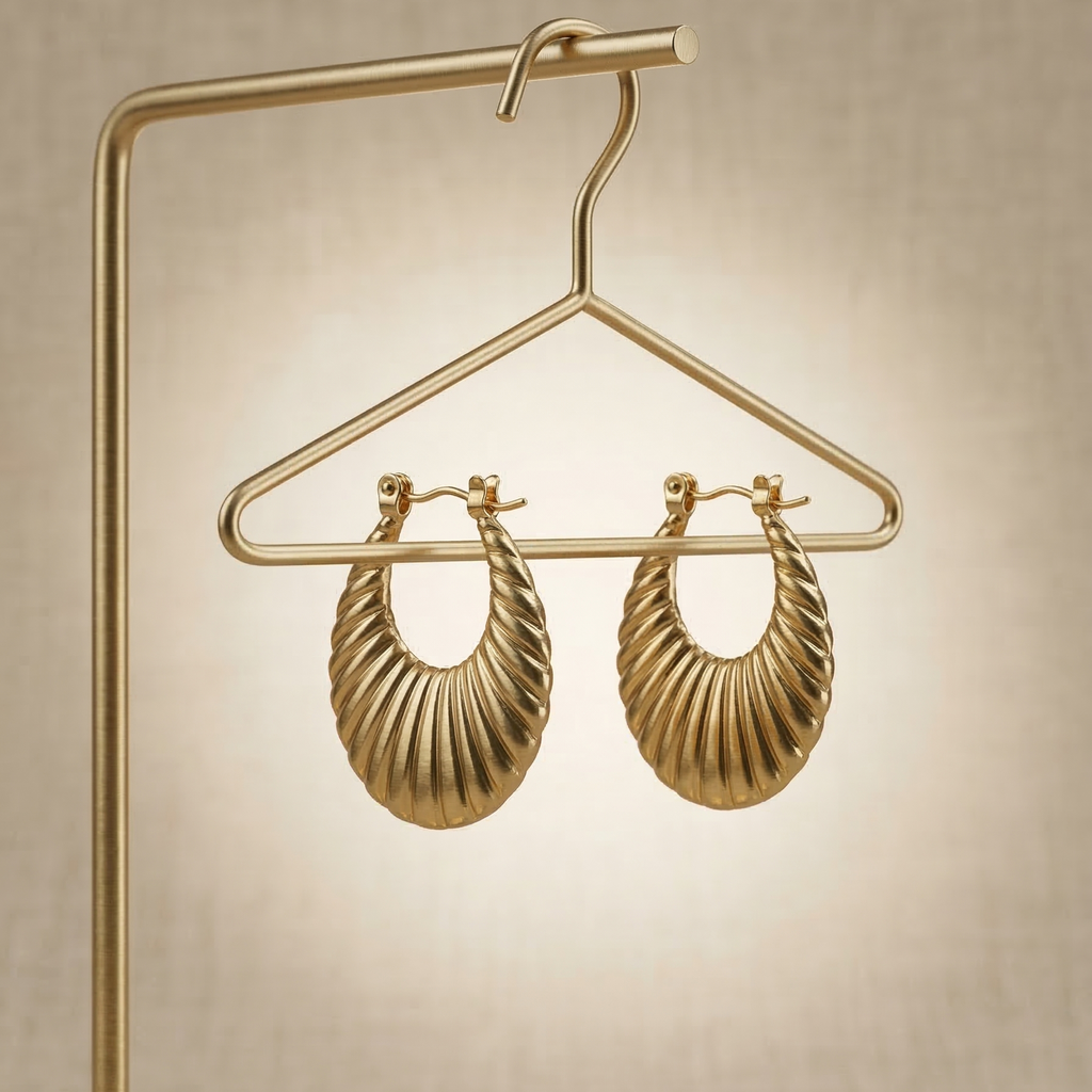 Gold hoop earrings on a gold hanger against a beige background