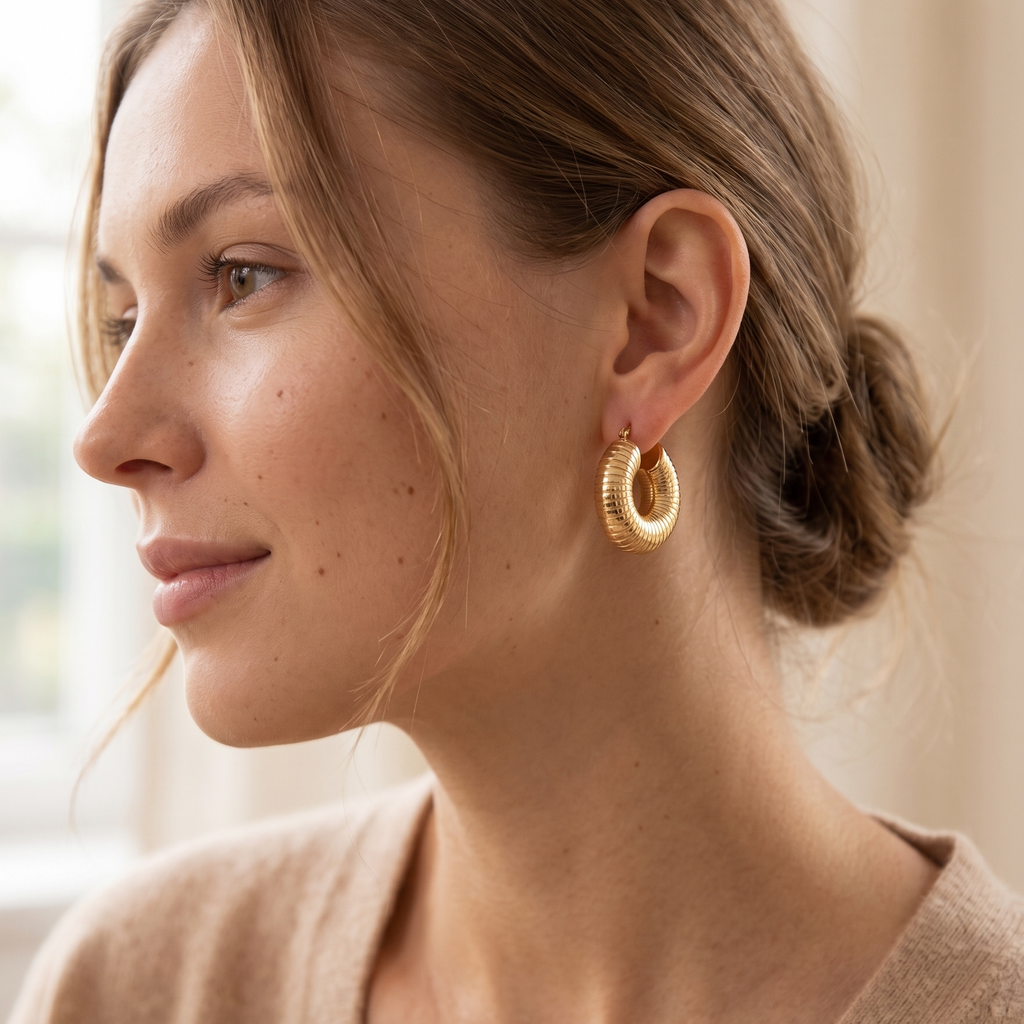 Woman wearing gold hoop earrings with a neutral background