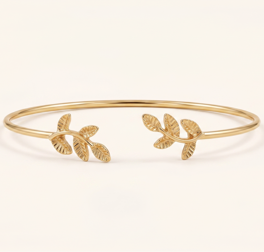 Golden Olive Branch Cuff Bracelet – Nature-Inspired Minimalist Bangle