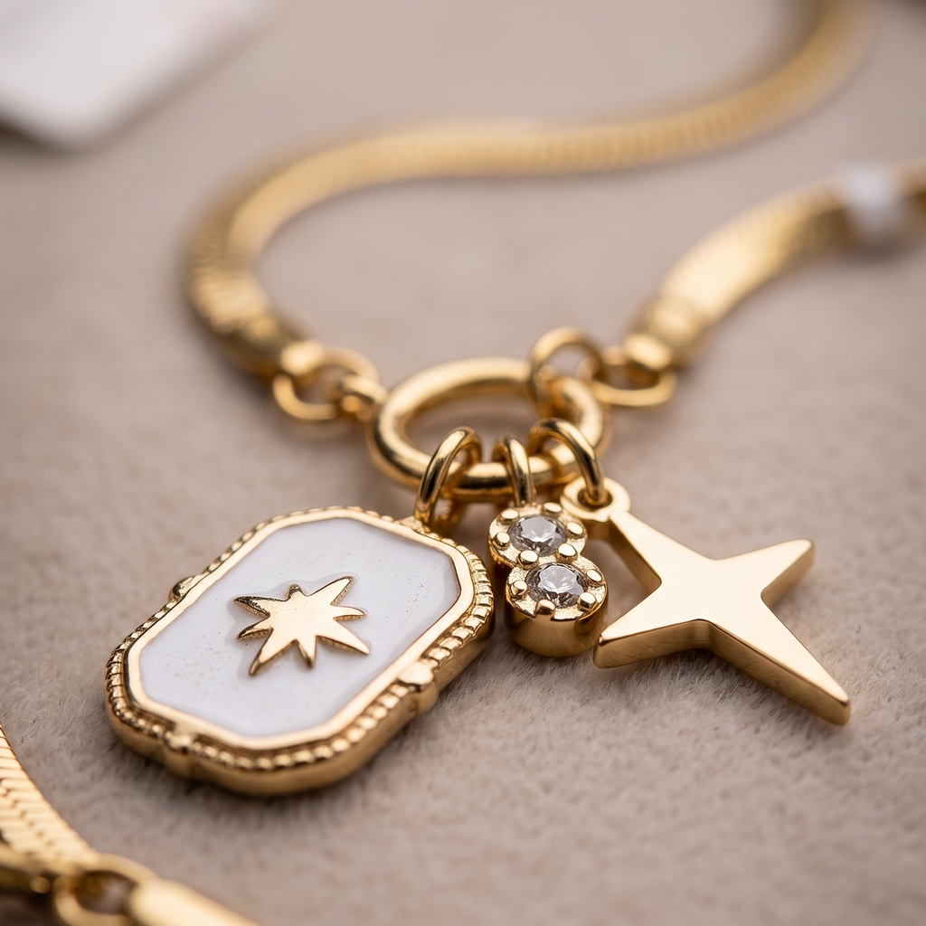 Celestial Star 18k Gold Plated Herringbone Necklace – Anti-Tarnish & Waterproof Snake Chain with Charms
