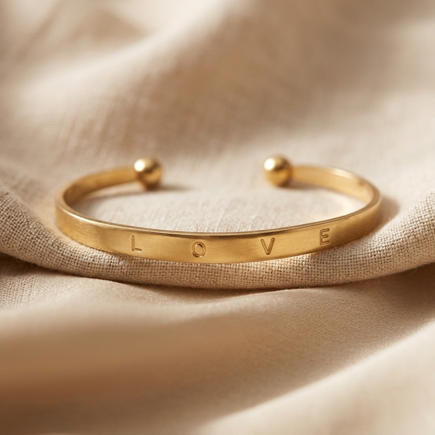 Gold bracelet with 'LOVE' engraving on a beige fabric background