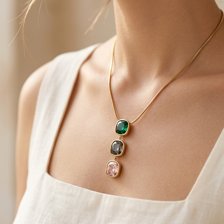 Gold-Tone Triple Crystal Pendant Necklace || Pink || Green || Multi color || Rakhi Gift for Sister
