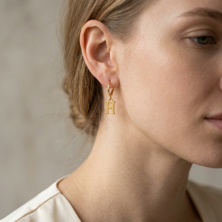 Close-up of a person wearing a gold earring with a 'H' design.
