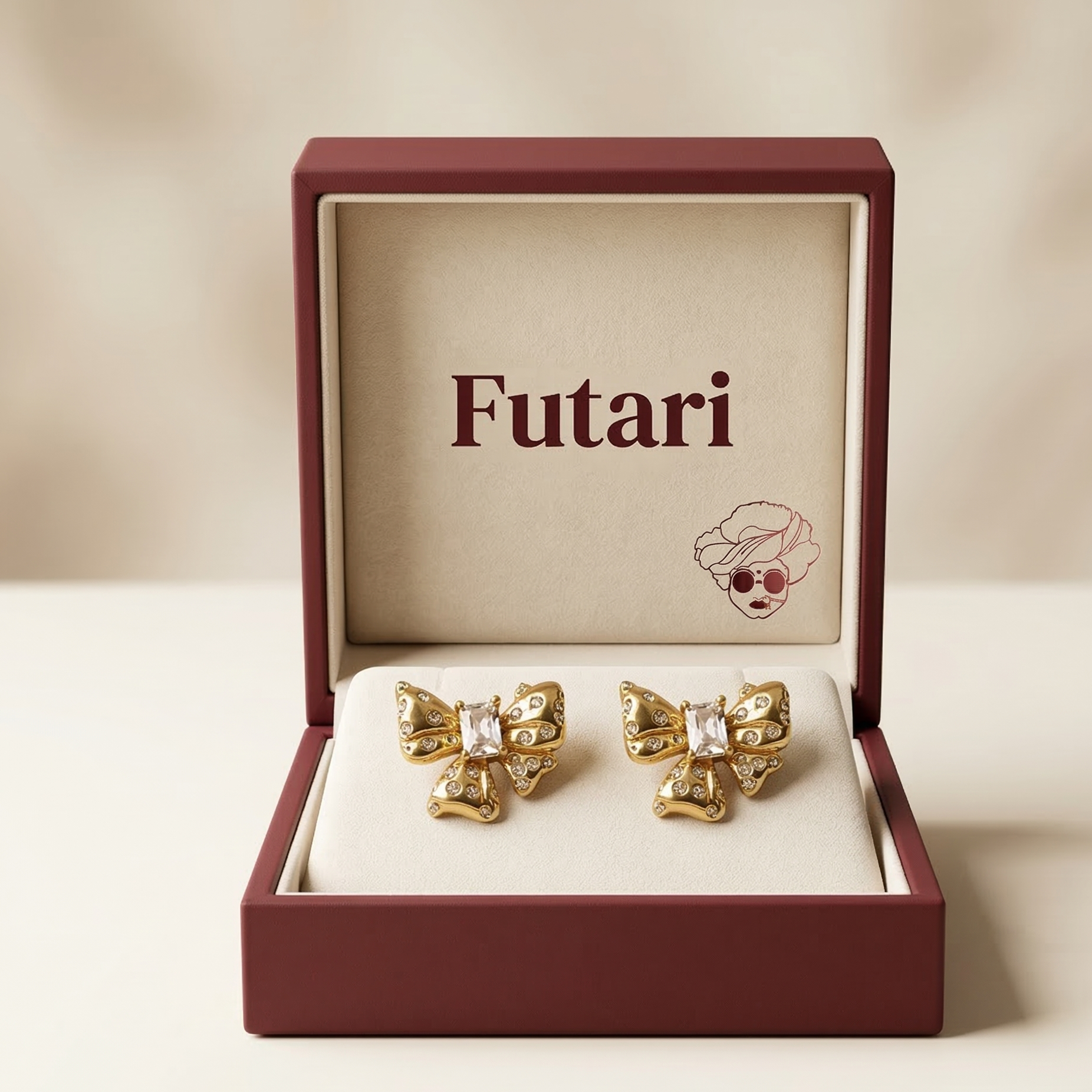 Gold butterfly earrings in a 'Futari' branded box on a beige background