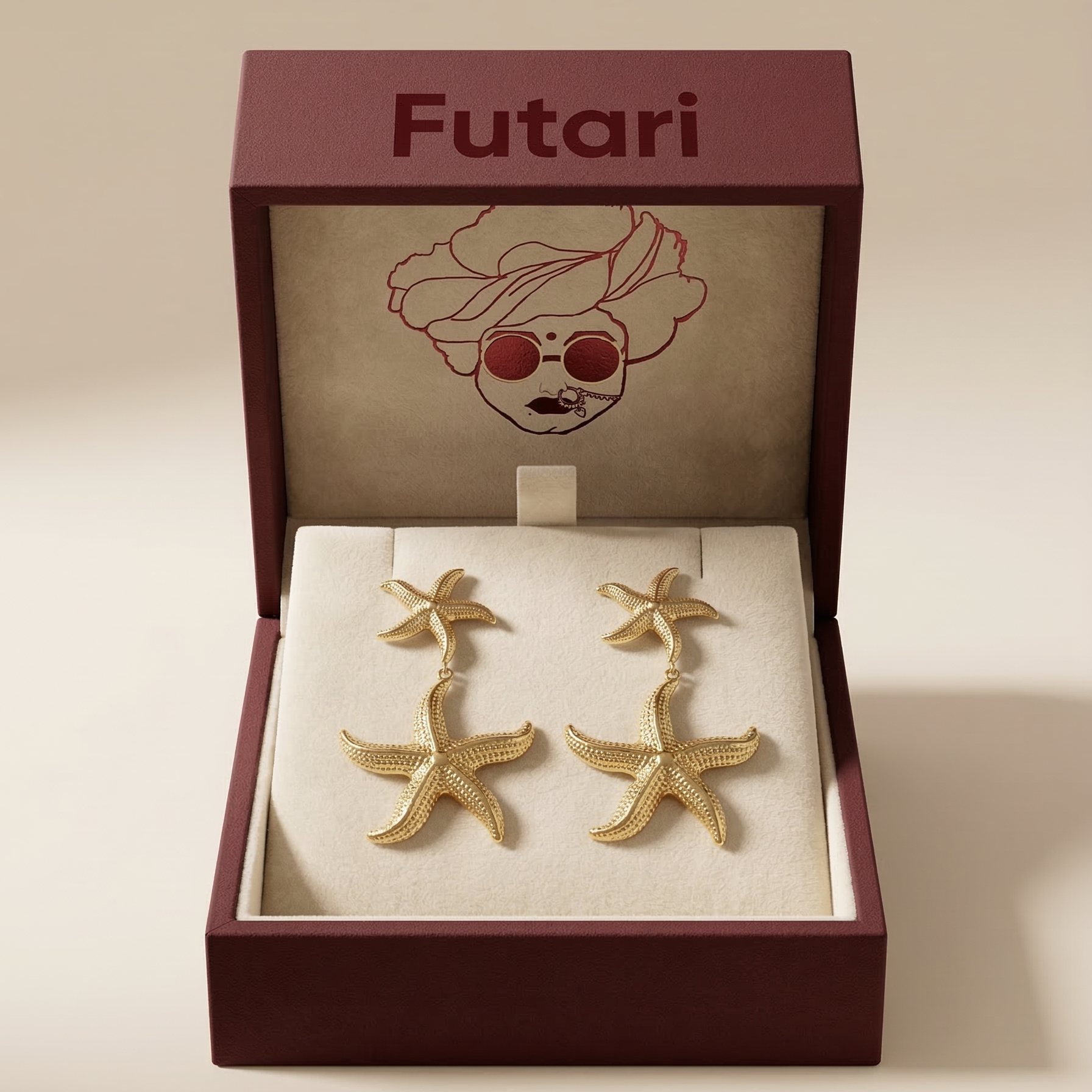 Gold starfish-shaped earrings in a 'Futari' branded box on a beige background