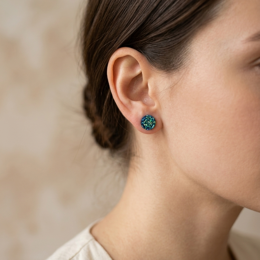 Close-up of a person wearing a blue floral earring against a neutral background