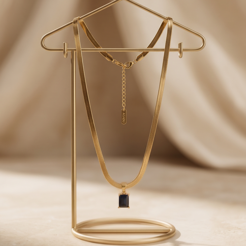 Emerald Elegance Anti-Tarnish Necklace | Gold Herringbone Snake Chain with Green Baguette Pendant