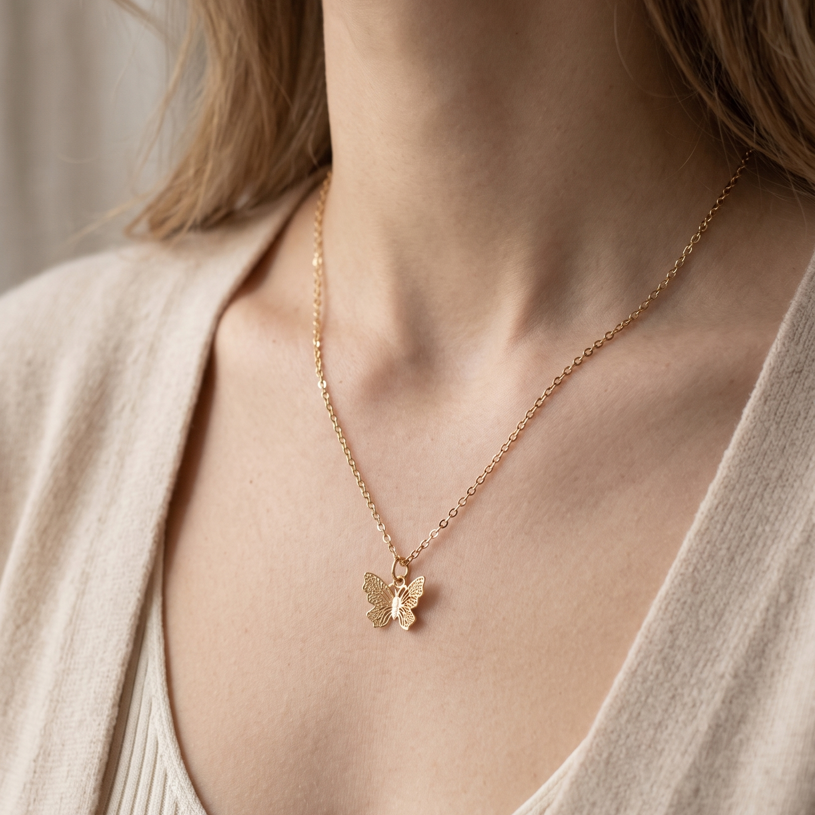 Gold butterfly necklace worn by a person in a neutral setting