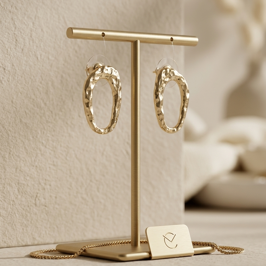 Gold hoop earrings on a gold stand with a blurred background