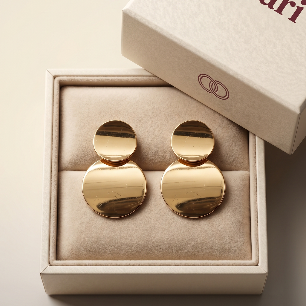 Gold earrings in a box with 'Futari' branding on a light background