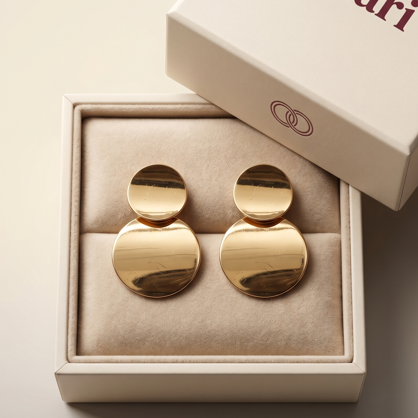 Gold earrings in a box with 'Futari' branding on a light background