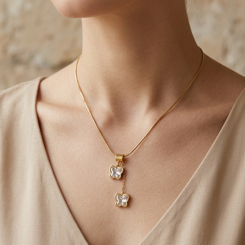 Dainty 18K Gold Plated Pink Butterfly Layered Drop Necklace – Stainless Steel || Rakhi Gift for Sister