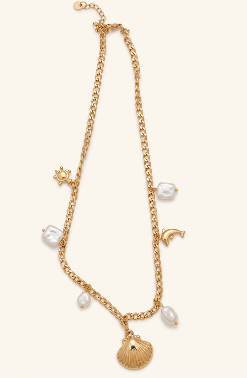 Aegean Sea Shell & Baroque Pearl Charm Link Necklace