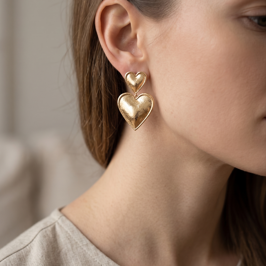 Close-up of a person wearing gold heart-shaped earrings with a neutral background