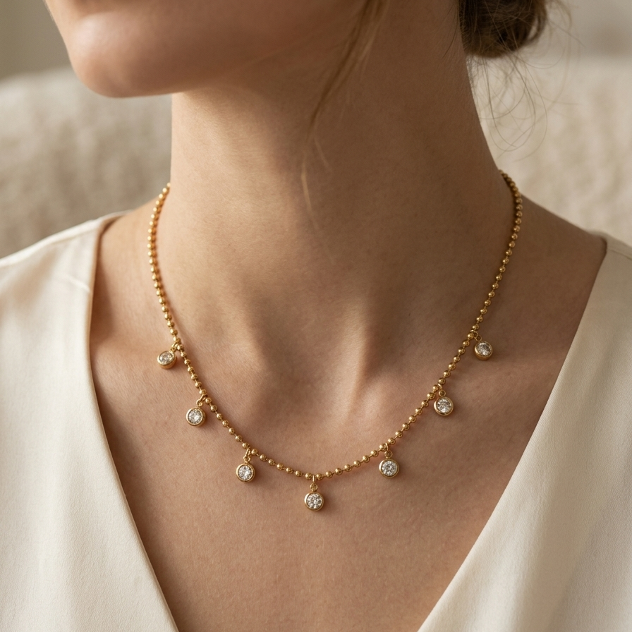 Shimmering Diamond Chain Necklace || White Gold Round Cz Charm Neckpiece | 18K Gold Plated || Rakhi Gift for Sister